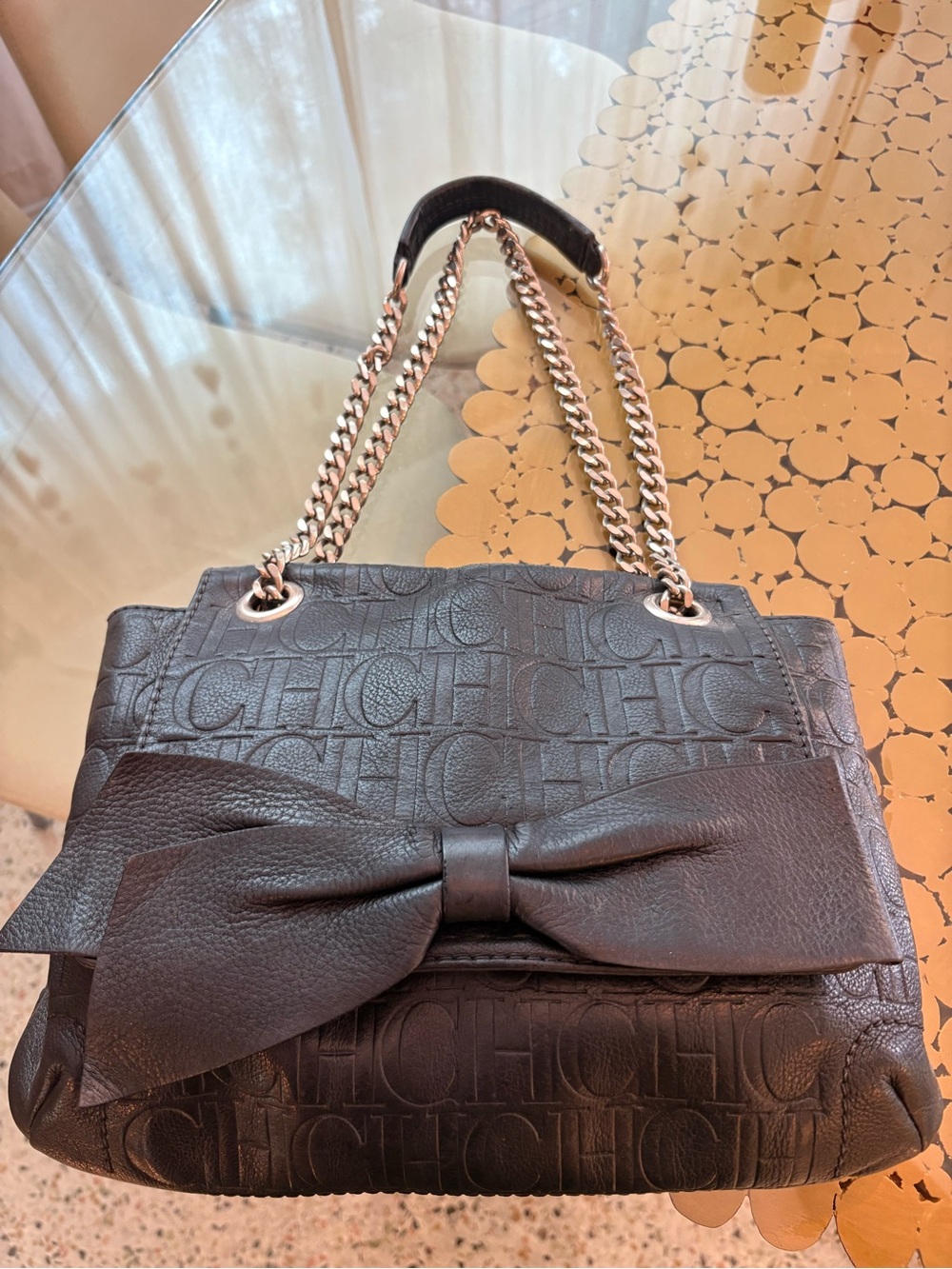 CAROLINA HERRERA Black Audrey Logo Embossed Shoulder Bag! BOW ACCENT. Silver HW